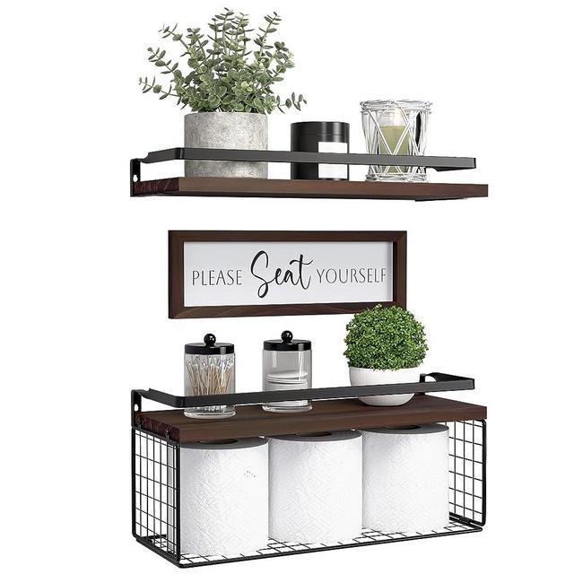 DOLLFIO Floating Shelves with Wall Décor Sign, Bathroom Shelves Over Toilet with Wire Storage Basket, Wood Wall Shelves with Protective Metal Guardrail– Brown