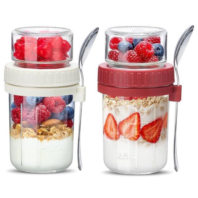 Danmu 2 Pack Overnight Oats Containers with Lids 16 oz,Dual-Layer Yogurt Parfait Cups with Lids,Meal Prep Containers Glass for Snack,Overnight Oats,Yogurt,Parfait,Salad Dishwasher Safe