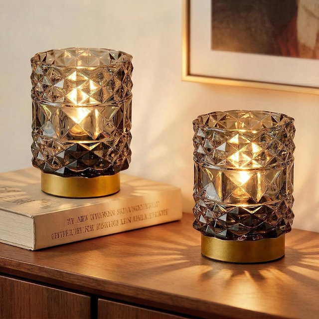 Battery Operated Lamp with Timer, Cordless Table Lamps for Shelf Decor, Rhombus Texture Aesthetic Crystal Lamp, Small Decorative Lamps for Bedroom/Bathroom/Kitchen/Entryway/Dorm (2 Pack Grey)