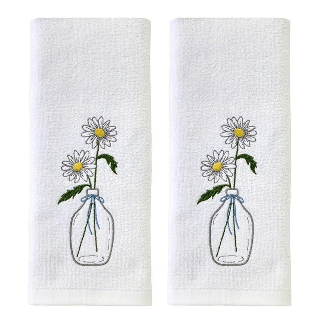 SKL Home Daisies in Vase 100% Cotton Embroidered 2pc Hand Towel Set, Decorative for Bath/Kitchen/Bar & Gift, Optic White