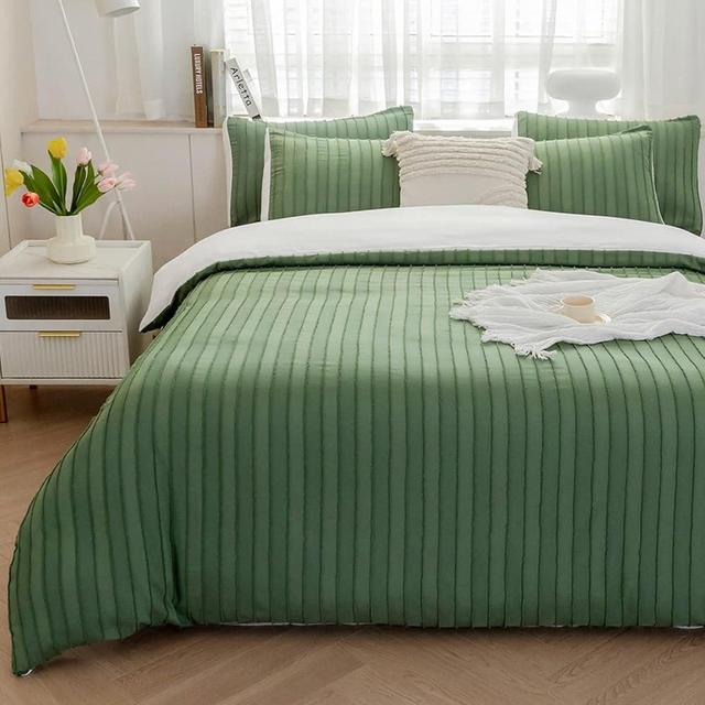 JELLYMONI Reversible Green & White Duvet Cover King Size - 3PCS Microfiber Tufted Duvet Cover Set, Boho Striped Tufted Textured Duvet Cover with Corner Ties & Zipper Closure