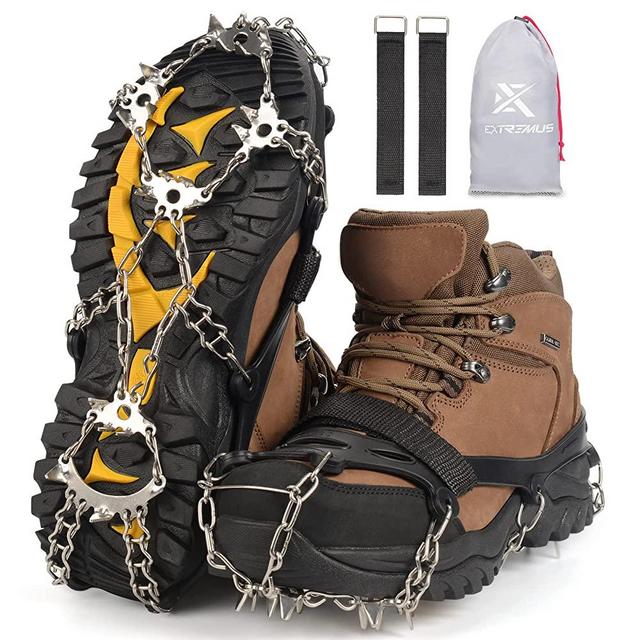 Extremus 23-Spike Ice Cleats, Crampons for Men or Women, Abrasion Resistant 201 Stainless Steel, 23 Individual Spikes On Each Foot, Flexible Silicone Frame, Tensioning Straps, Storage Bag