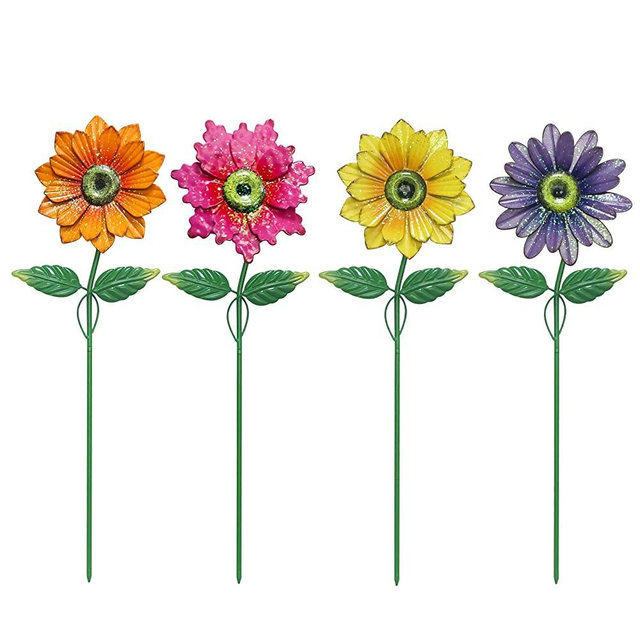 Garden Decor for Outside, YEAHOME 4 Pack 20'' Flower Garden Stakes for Spring Decor, Metal Flowers with Shaking Head Yard Art for Outdoor Lawn Patio Pathway Decorations