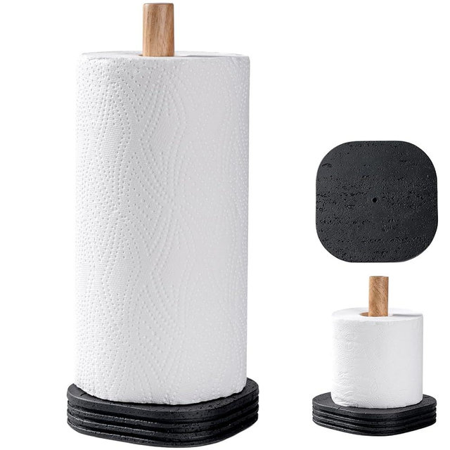Black Travertine Standing Paper Towel Holder for Kitchen Countertop, Bathroom Shelf Toliet Top Paper Roll Holder with Weighted Base and Sturdy Wood Stand,for Standard or Plus Rolls, Height-Adjustable