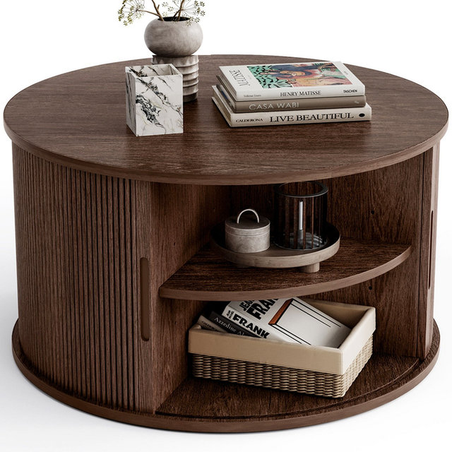 Round Coffee Table, Wood Coffee Table with Storage, Fluted Accent Center Table with Sliding Tambour Door, 31.5" Mid Century Modern Coffee Table