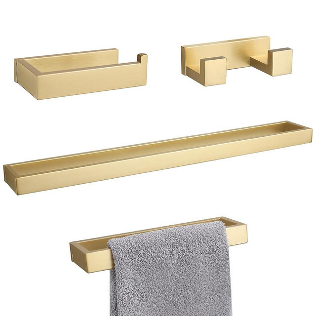 Lairuier Bathroom Hardware Accessories Set, Brushed Gold 4-Piece Bathroom Hardware Set Including Towel Bar,Towel Holder, Toilet Paper Holder, Towel Hook, Stainless Steel Bath Towel Bar Set