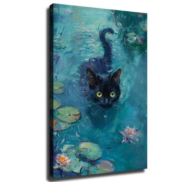Chenmjj Claude Monet Black Cat in Water Lily Pond Vintage Poster Print, Retro Animal Nature Theme, Mixed Colors, Unframed/Unfinished Paper Poster, 36L" x 24W", Bedroom/Living Room/Office Wall Art