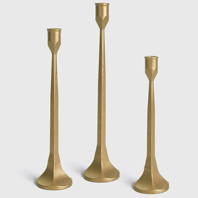 CYNTHRAX Gold Iron Taper Pillar Candle Holders Set of 3, Candlestick Holders Rustic Vintage Decorations, Tall Candle Stand for Home Decor Mantle Dining Coffee Table Outdoor Wedding-11.8"+13.8"+15.4"