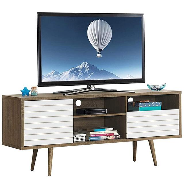 Tangkula Mid-Century Modern TV Stand for TVs up to 65'', Wooden TV Stand with Shelves, w/Cabinet & Drawer, TV Console Cabinet for Home Living Room Bedroom (Walnut & White)
