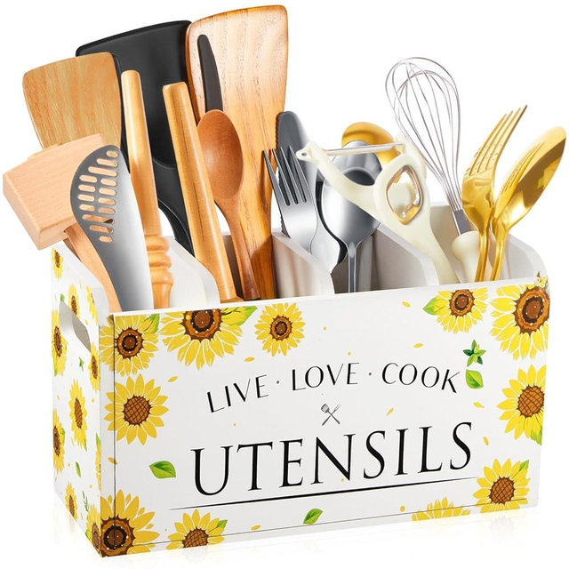 Kathfly Sunflower Kitchen Utensil Holder Christmas Gift for Countertop 4 Compartment Large Wooden Rustic Farmhouse Sunflower Cooking Utensil Organizer Kitchen Tools Storage for Home Counter