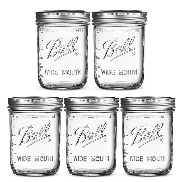 Ball Wide Mouth Mason Jars 16 oz [5 Pack] With mason jar lids and Bands, Ball mason jars 16 oz - For Canning, Fermenting, Pickling - Jar Décor - Microwave/Freeze/Dishwasher Safe + SEWANTA Jar Opener