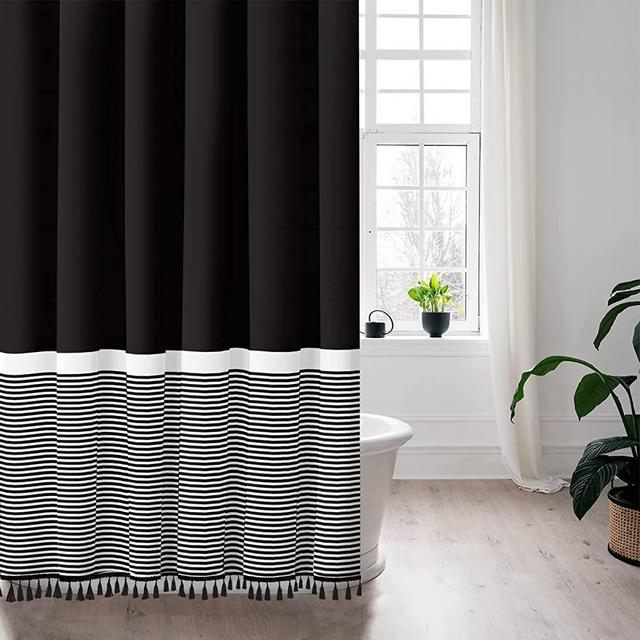Black Shower Curtain White Striped with Black Tassels,Polyester Bath Curtain Set with Hooks, Decorative Spa Hotel Heavy Weighted 72-Inch Bathroom Curtains, 72 x 72