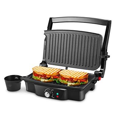 Panini Maker, iSiLER 4 Slice Panini Press Grill, Sandwich Maker with 2 Removable Drip Cups, Non-Stick Coated Plates, Opens 180 Degrees for Panini, Grilled Burgers, Steaks, Bacon