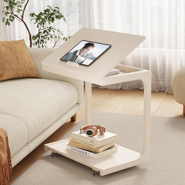 AQIMUELE Wooden C-Shaped End Table,Couch Table with Adjustable Desktop,Small Rolling Side Table with 2 Lockable Wheels 23.36" Width,Small End Table for Couch, Living Room,Bedroom (White)