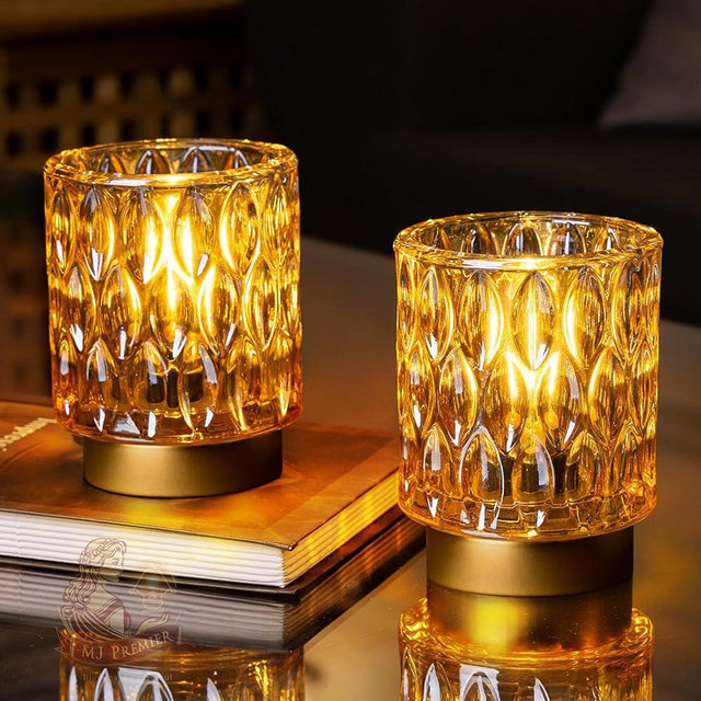 Battery Operated Table Lamps Timer, Mini Crystal Lamp for Area No Plug, Cordless Lamp with LED Bulb for Power Outage, Decorative Lamp for Tabletop/Corner/Entryway/Stairway/Bathroom/Fireplace(2*AMBER)