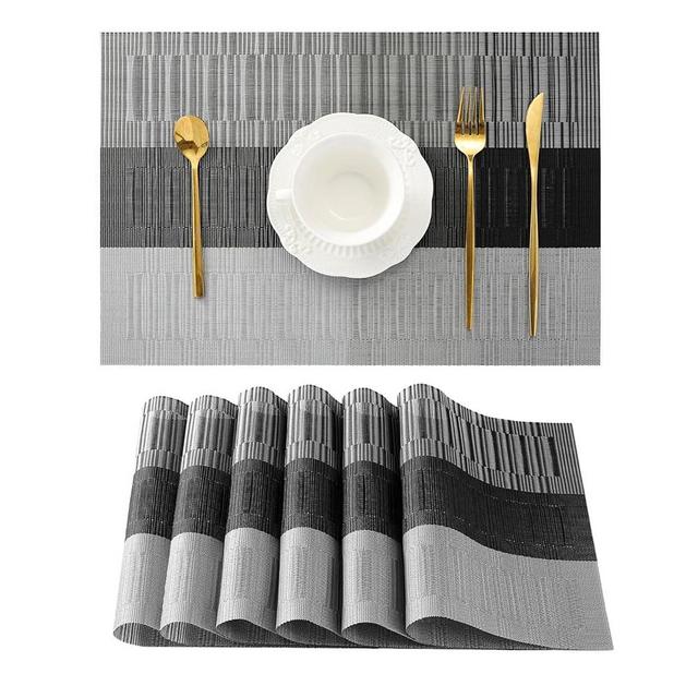 Leetaltree Grey with White Striped Placemats Set of 6 - Heat Resistant Non-Slip Place mats for Dining Table, Washable Durable PVC Vinyl Woven Table Mats（Grey Stripe, 6）