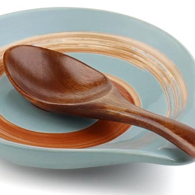VanlonPro Ceramic Spoon Rest, 5 Inch Spoon Holder for Stove Top, Kitchen Counter, Utensils, Ladle, Coffee Spoons, Cooking spoons, Spatula, Tongs, Housewarming Gifts, Blue Gray & Hand-painted Swirl