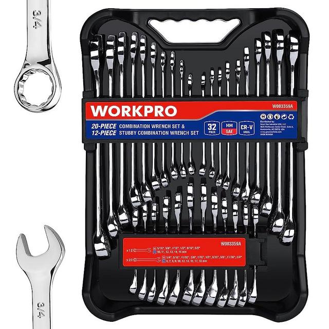 WORKPRO 32-Piece SAE & Metric Combination Wrench Set, 12 PT Regular and Stubby Wrenches set with Organizer Tray, Cr-V Steel Mirror Chrome Polished