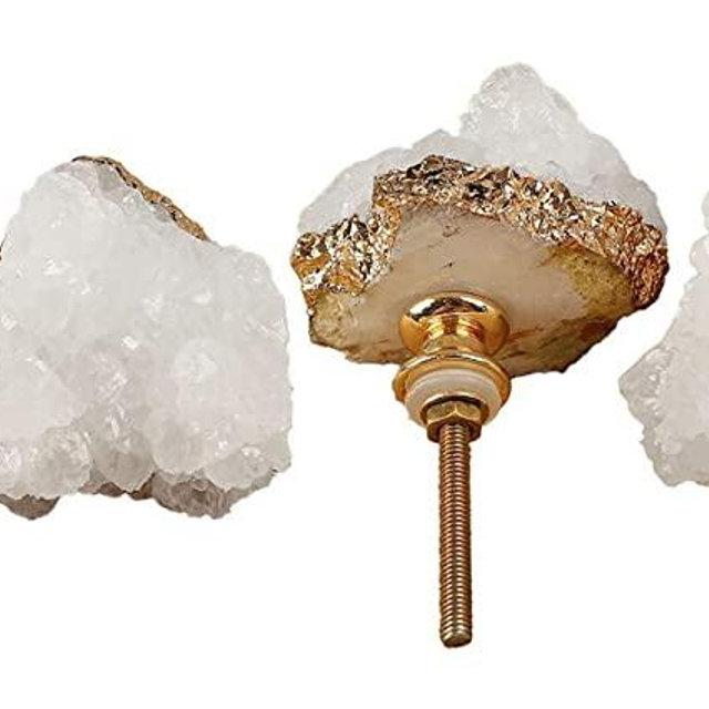 JIC Gem 4 Pack Crystal Stone Drawer Knobs Natural White Gold-Plated Door Handles Cupboard Dresser Cabinet Pulls for Home Office Décor