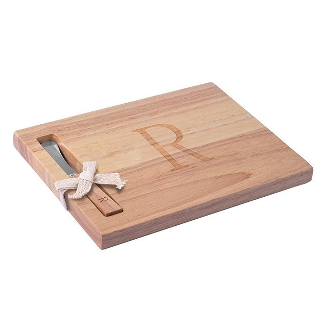 Monogram Oak Wood Cheese Board With Spreader, R-Initial (R)