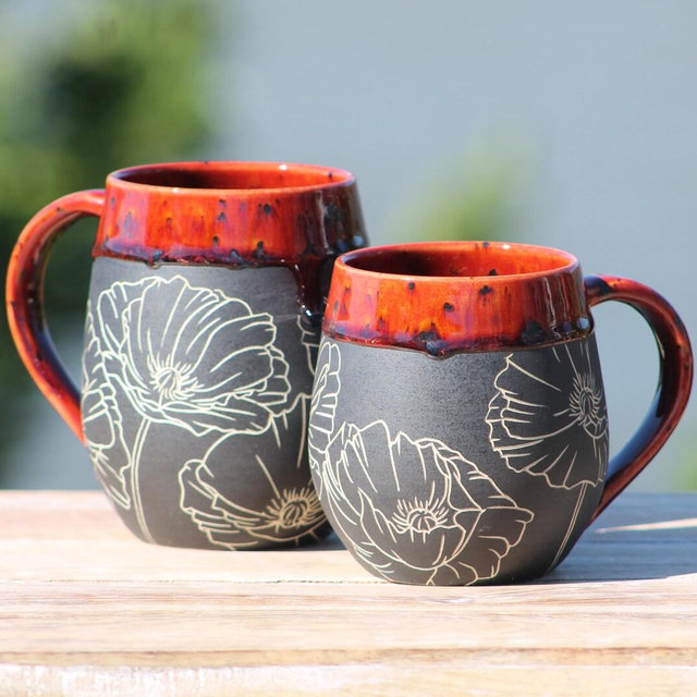 Handmade Carved Ceramic Mug | Poppy | Wheel Thrown Stoneware | Sgraffito