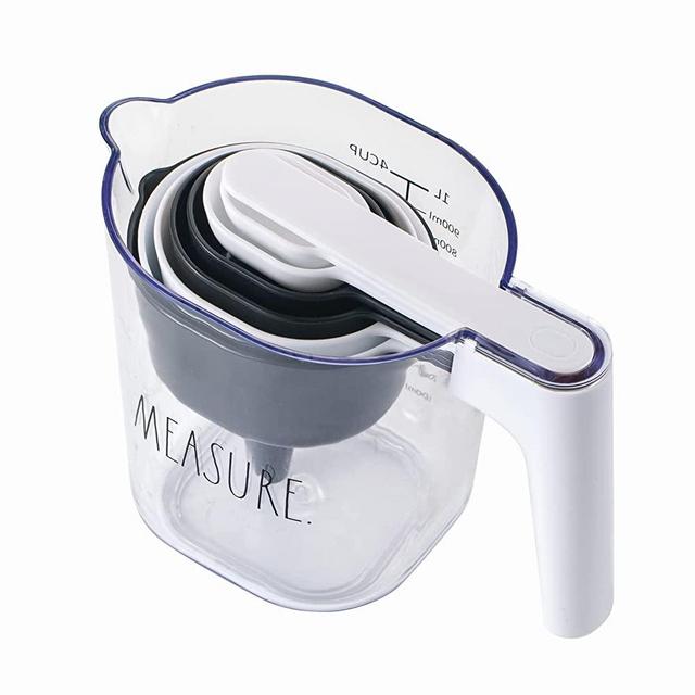 Rae Dunn Measuring Cup Set - 9 PC. Nesting Stackable Liquid Measure Cup, Dry Measuring Cups and Spoons with Funnel and Scraper - Nesting and Clicks Together for Easy Storage (Black)