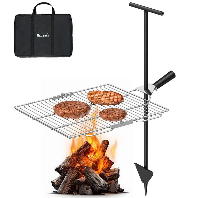 Gonex Portable Campfire Grill Grate for Fire Pit Foldable Stainless Steel Grill Height Adjustable Camping Cooking Equipment for RV Outdoor Backyard BBQ Courtyard 15.35"x18.3"