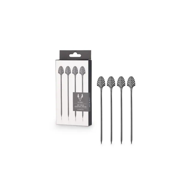 Viski Gunmetal Art Deco Cocktail Picks - Heavy Duty Toothpicks Stainless Steel Metal Drink Skewers Barware Accessories - Black 5inch Set of 4