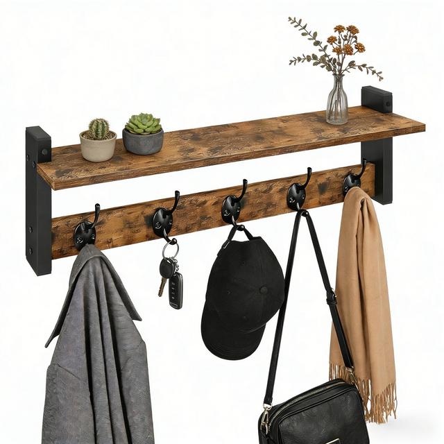 Industrial Wall Shelf with 5 Double Hooks, Rustic Wood & Metal Coat Rack, Entryway Organizer for Hallway Bathroom