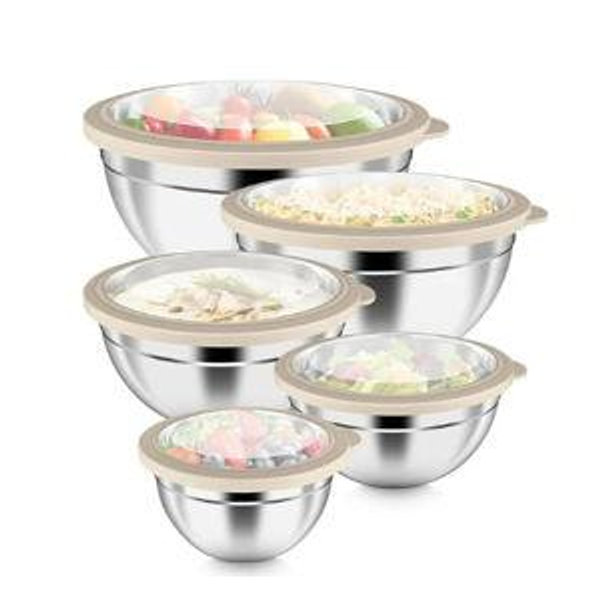 P&P CHEF Mixing Bowls with Visible Airtight Lids Set of 5, 10-Piece Stainless Steel Mixing Nesting Bowl, Metal Bowl with Lid for Kitchen Prepping & Storing, Size 4.6, 3, 1.5, 1, 0.7 QT, Khaki