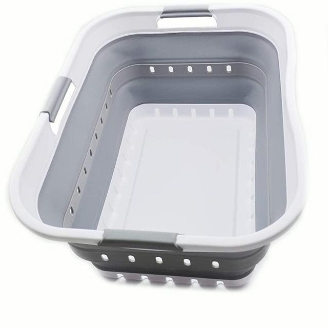 SAMMART Collapsible Plastic Laundry Basket - Foldable Pop Up Storage Container/Organizer - Portable Washing Tub - Space Saving Hamper/Basket (1, White/Grey)