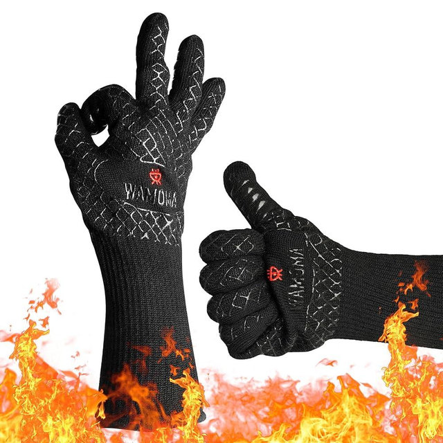 Wamoma Long Heat Resistant BBQ Gloves - 1472°F Heat Proof Internal Cotton Lining, Non-Slip Silicone Grilling Gloves for Meat Handling, Barbeque, Cooking, XL Oven Gloves with Long Sleeve