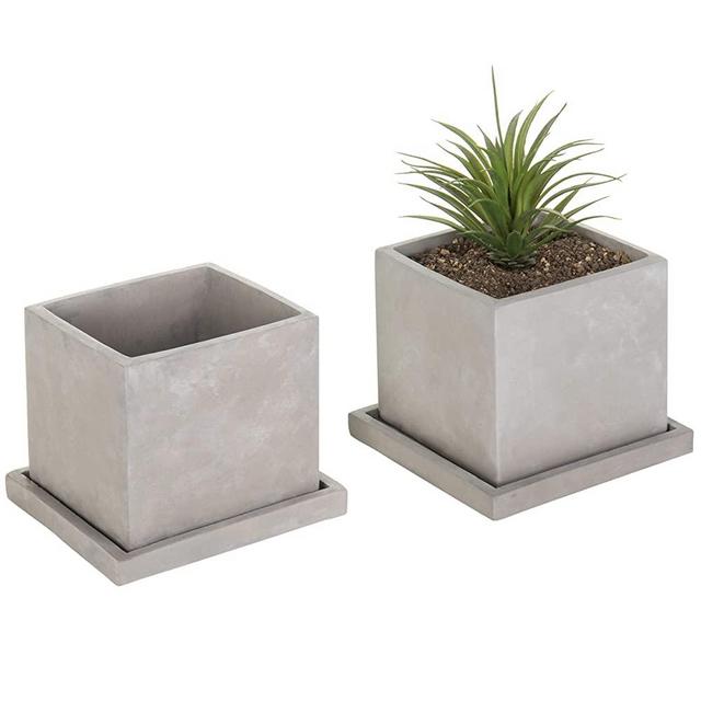 MyGift 5-Inch Cement-Gray Clay Cube Planters with Removable Trays, Set of 2