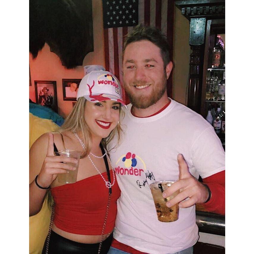Ricky Bobby and Trophy Wife for Halloween. This photo is also taken at the bar we met at (McClintocks!) San Luis Obispo, CA 2019