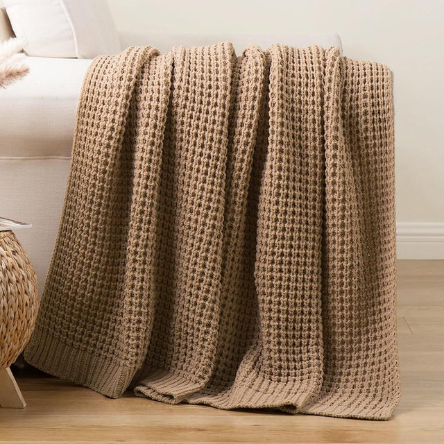 Bunnikins & Clover Beige Throw Blanket for Couch, Knitted Beige Throw for Bed, Neutral Throw Blankets Tan Blanket for Room Decor Housewarming Gifts, 50"x60"