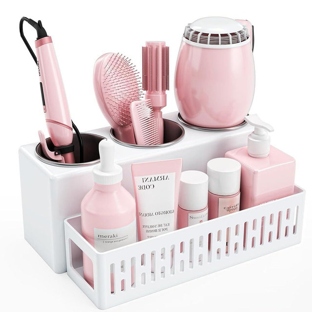 LATTYSY Hair Tool Organizer, Detachable Hair Dryer Holder with 3 Stainless Steel Cups, Wall Mounted Bathroom Organizers and Storage for Accessories, Curling Irons, Straighteners, Toiletries, Makeup