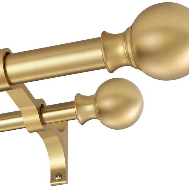 Double Curtain Rods 72-144 Inches with Round Finials, 1 Inch Heavy Duty Drapery Rod with Unique Aluminum Alloy Brackets for Windows, Sliding Door, Patio, Living Room Decoration, Brushed Gold