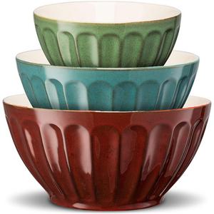 KooK Color Ceramic Mixing/Serving Bowls, Nesting, Set of 3