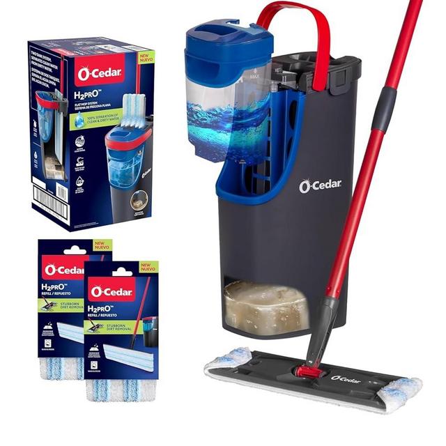 O-Cedar H2prO Flat Mop System with 2 Mop Head Refills | Quick Cleaning Tool | Clean with Clean Water | Machine Washable Reusable Microfiber Mop Pad | Safe on Wood Floors, Vinyl,Tile, Baseboards, Walls