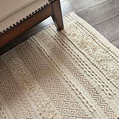 MOTINI Tufted Cotton Area Rug 3' x 5', Hand Woven Knotted Bohemian Gold Accent Rug, Beige Cream Flatweave Diamond Geometric Area Rug for Living Room Bedroom