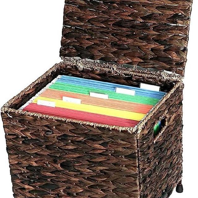 URFORESTIC Seagrass File Storage Box Organizer | Collapsible Letter Size Hanging File Box Organizers with Lid | Decorative Seagrass Filing & Storage Office Box | Letter Size (Brown Wash)