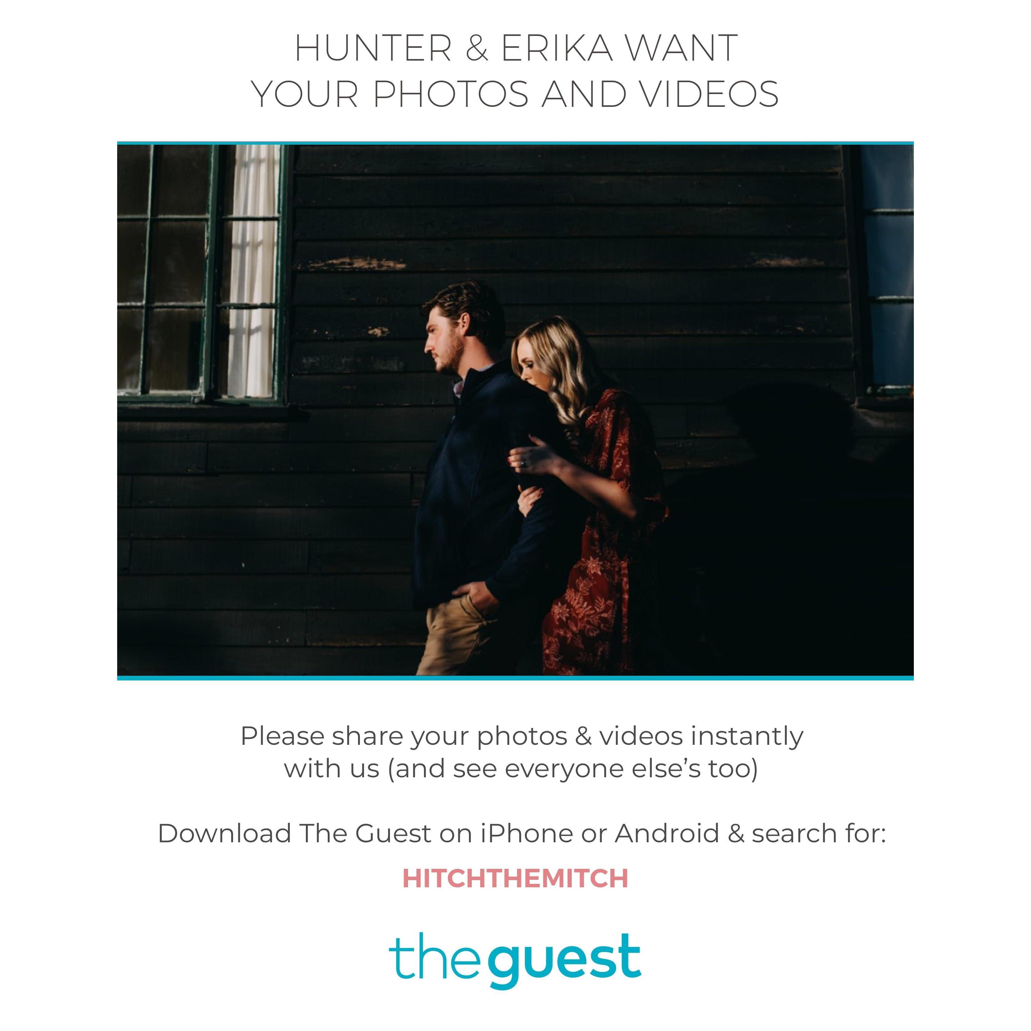 Use "The Guest" app to share all your photos from our special day! 
Code for App: "HITCHTHEMITCH" 
– Web Link – https://my.veri.com/upload/6500162230812676/HaASfAzC0lg7G0gWGpEl0CmEB