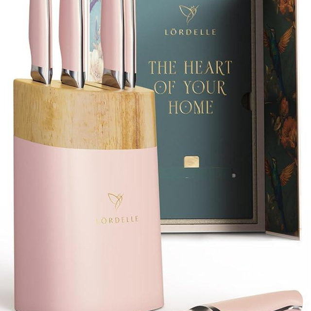 Lordelle Knife Block Set - 5 Piece Set - Rosewood Pink - Lifestyle Home Kitchen Design - German X50 Stainless Steel - ABS Handle - Ash Wood Block - Cooking Chef Knife, Santoku, Paring, Utility