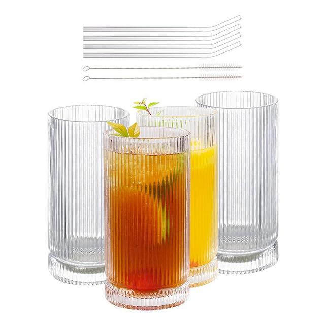 WeirdUncle Vintage Ribbed Glassware Set with straws, 16oz Drinking Glasses, Origami Style Set of 4, Fluted Design, Ideal for Water, Iced Coffee, Juice, Beer, Milk, Cocktail, Gift