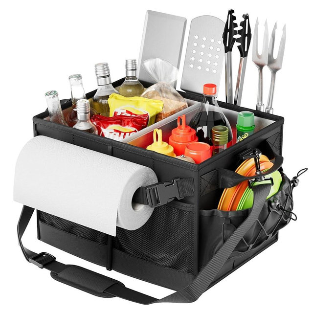 Lorbro Grill Caddy, BBQ Caddy with Paper Towel Holder, Utensil Caddy with Condiment Pocket, Collapsible Picnic Basket Camping Gear Must Haves for Outdoor, Gift, Grilling Tool, Barbecue, RV, Black