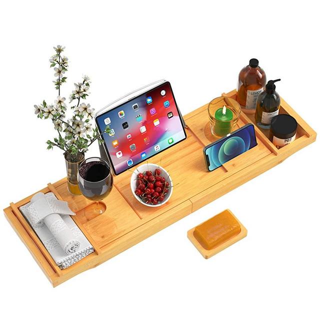 STOREMIC Bathtub Tray Caddy Expandable 29.5-44 Inch Bamboo Bath Tray for Tub with Wine Glass Book Holder Free Soap Holder Romantic Gift