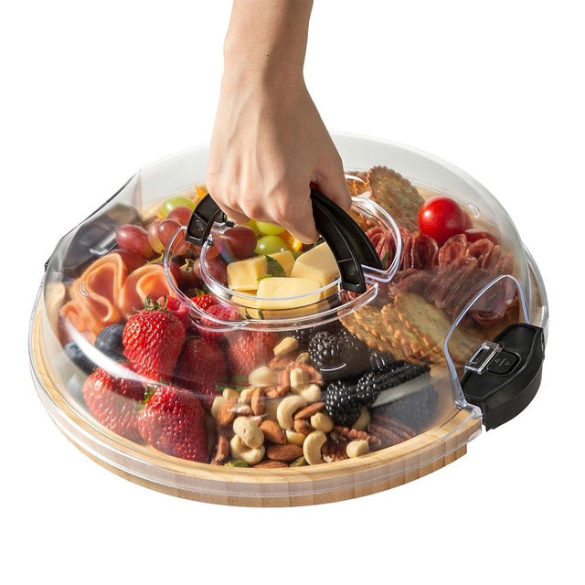 thetchry Charcuterie Board with Clear Lid,Travel Charcuterie Board with Single Compartment,Round Bamboo Portable Cheese Board for Outdoor Charcuterie,Snacks and More,Black