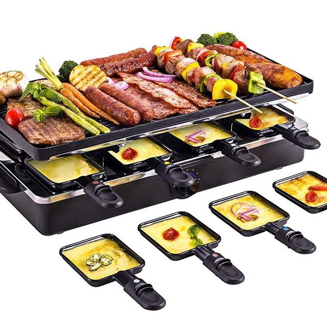 Electric Griddle Grill Korean BBQ Raclette Table Grill Indoor Smokeless Reversible 2-In-1 Nonstick Outdoor Dishwasher Safe with Cheese 8 Paddles 8 Spatulas 1400W for 8 Person