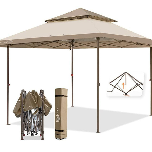 EAGLE PEAK 13'x13' Straight Leg Pop Up Canopy Tent Instant Outdoor Canopy Easy Single Person Set-up Folding Shelter w/Auto Extending Eaves 169 Square Feet of Shade (Beige/Brown)