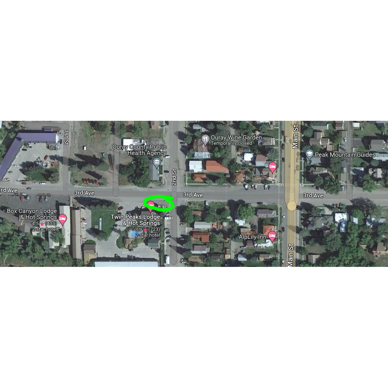 Twin Peaks Bus Stop: Circled in Green. At the corner of 3rd Ave and 2nd St in front of Twin Peaks Lodge.